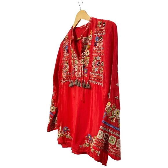 Johnny Was Red Coriander Tasseled Embroidered Blouse Boho Chic C17123 Size XXS - Picture 9 of 15